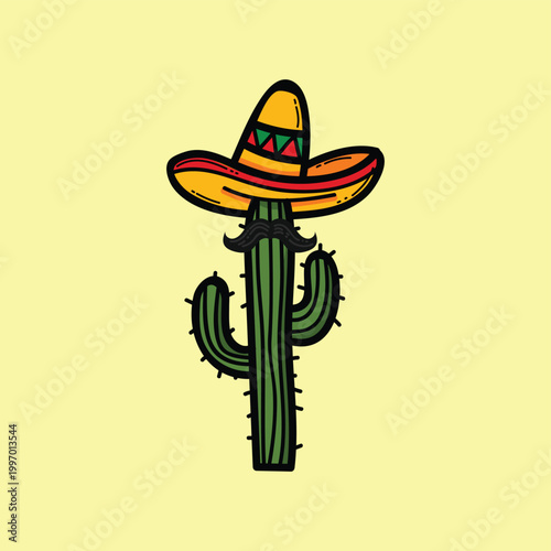 Cartoon Cactus Wearing Sombrero And Mustache — Playful Mexican Illustration For Festive Design