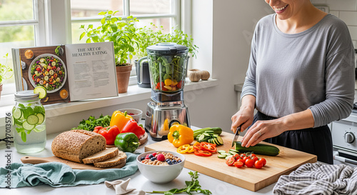 Woman cooking a healthy vegetarian dish with fresh vegetables in a modern kitchen at home.