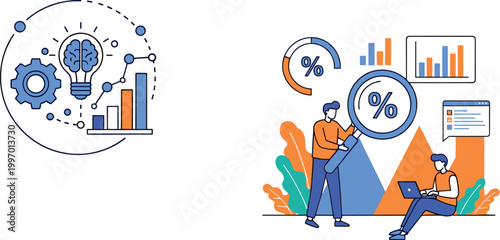 Business analytics and data processing vector illustration with charts, percentages, performance metrics and digital analysis concept