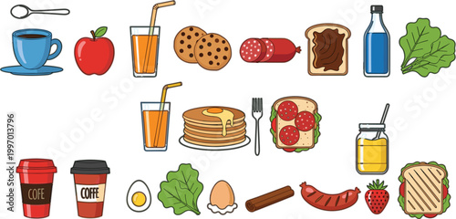 Breakfast food and drinks vector set with coffee, juice, pancakes, eggs, sandwiches and healthy meal ingredients illustration