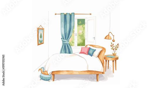 Soft watercolor illustration of a cozy bedroom interior with warm ambient light, soft pastel colors, minimal decorative elements, and a peaceful relaxing home atmosphere for comfort and rest in a calm