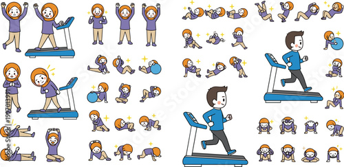 Cartoon Fitness Workout Vector Set with Running Treadmill Exercises Yoga Poses and Home Training Activities for Healthy Lifestyle Illustration Design