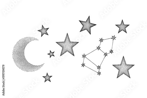 Celestial bodies and constellations depicted with stippling technique on a white background