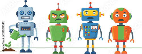 Cute Cartoon Robot Character Vector Set with Friendly and Angry Expressions AI Machines Futuristic Technology and Kids Illustration Design