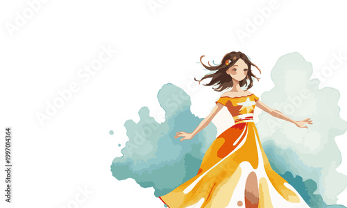 Soft watercolor illustration of a graceful young girl dancing in a flowing dress with soft brush strokes, gentle movement, and a dreamy pastel atmosphere capturing elegance, freedom, and artistic moti
