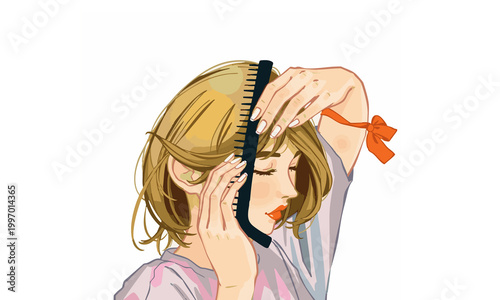 Soft watercolor illustration of a young girl brushing her hair in a minimal detail style with gentle pastel colors and a calm everyday moment capturing simplicity, self-care, and quiet home routine in