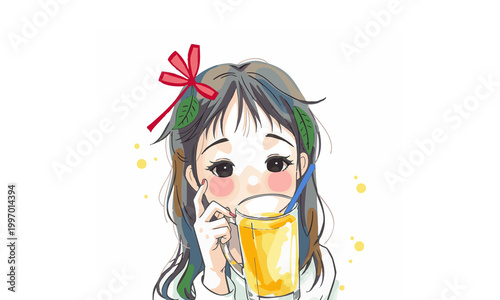 Soft watercolor illustration of a happy young girl drinking fresh juice in a sunny outdoor setting with soft pastel colors and a light cheerful atmosphere capturing joy, freshness, and a peaceful ever