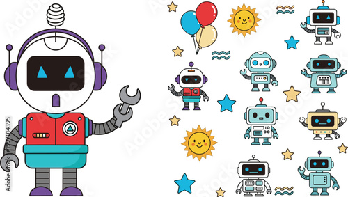 Cute cartoon robot characters vector set with colorful robots, stars, balloons and playful technology illustration collection
