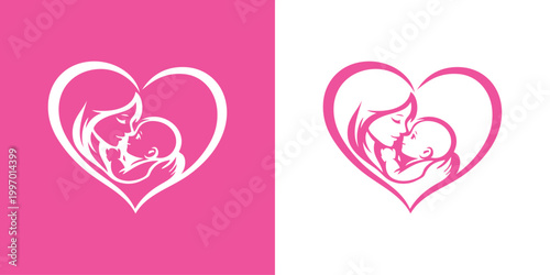 Logotipo con dibujo minimalista con líneas de una madre abrazando a su hijo en un corazón, para tarjetas y felicitaciones del Día de la Madre 