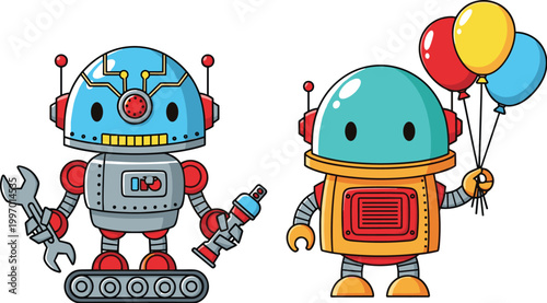 Cute Cartoon Robot Characters with Balloons and Mechanical Tools Illustration for Kids Party Design, Fun AI Concepts, Celebration Themes, and Playful Technology Graphics