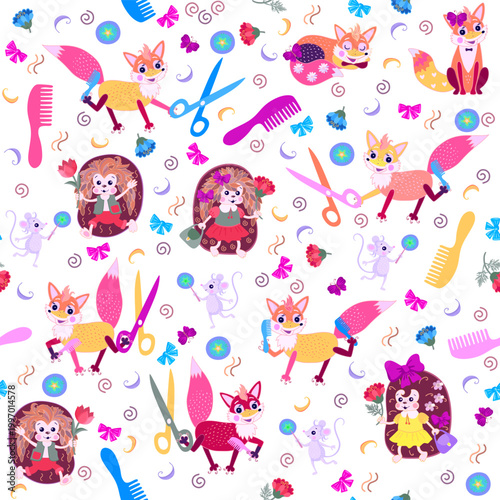 Hairdressing salon in forest.Seamless pattern with foxes, hedgehogs, mice,  scissors, combs and bows on white background