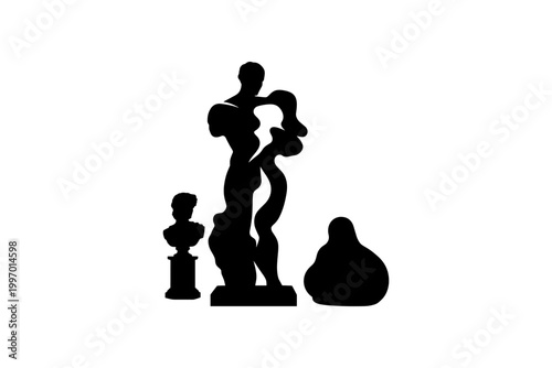 Collection of abstract and classical sculptures in silhouette against a white background