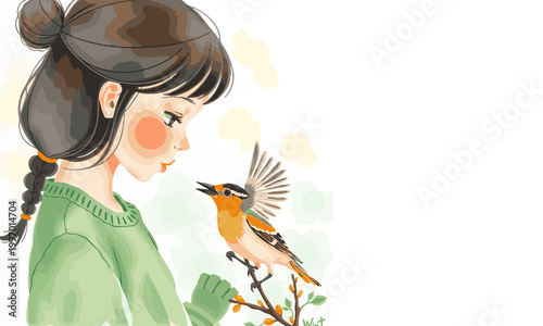 Soft watercolor illustration of a young girl gently feeding birds in a peaceful nature setting with pastel colors and a dreamy atmosphere capturing kindness, innocence, and a serene outdoor moment in 