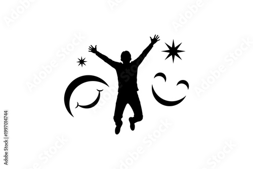 Silhouette of a joyful person jumping with stars and smiles around them