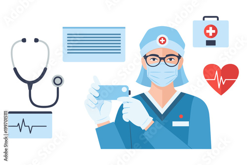 Medical professional in scrubs and mask holding a device with healthcare icons around
