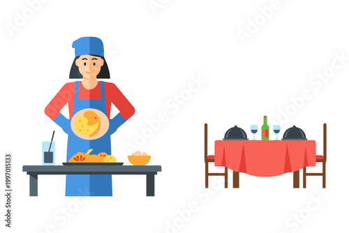 Chef preparing food next to a table set for a romantic dinner