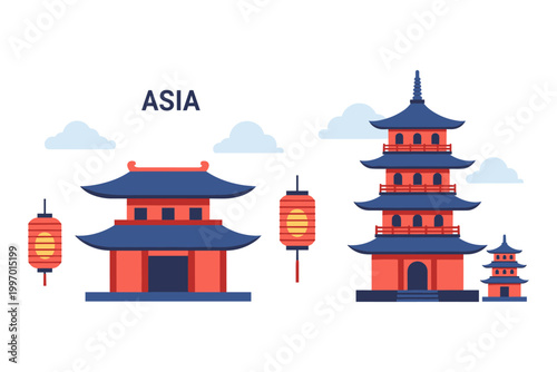 Traditional Asian architecture with pagodas and lanterns under clouds
