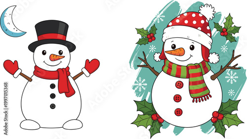 Cute Snowman Christmas Vector Set with Winter Holiday Characters Scarf Hat Gloves Holly and Festive Seasonal Illustration Design