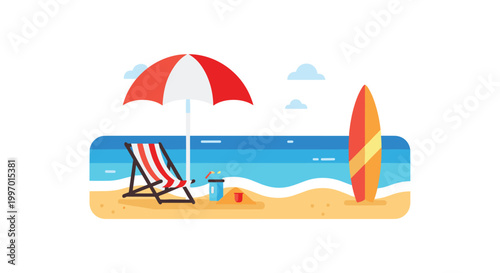 Relaxing beach scene with umbrella, lounge chair, and surfboard ready for waves