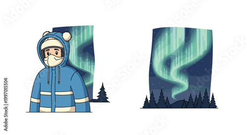 Person in warm winter clothing observing the stunning aurora borealis in the night sky