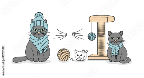 Cute cartoon cats with yarn balls and scratching post, one wearing a hat and scarf