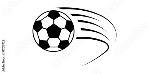 Soccer ball football icon with speed and goal background for a vector logo or team illustration. Sport graphic isolated by design, through flying foot motion with white abstract and black element