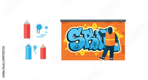 Graffiti artist spray painting a colorful mural on a brick wall