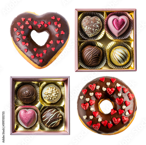 Chocolate Heart Shaped Doughnuts and Boxes of Valentines Chocolate Truffles on Transparent Background, PNG file