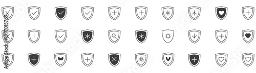 Immune system icon set, virus resistance with shield symbols, antibacterial protection and medical cross in shield, health defense icons, clean modern vector illustration.