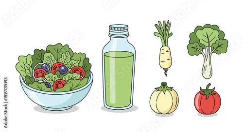 Healthy fresh salad ingredients and green juice in a bottle for a nutritious meal