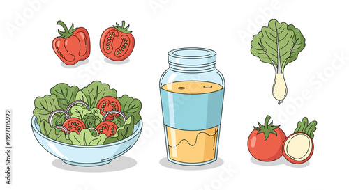 Fresh ingredients for a healthy salad and homemade dressing in a jar