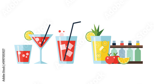 Assortment of colorful refreshing cocktails and drinks with fruits and bottles