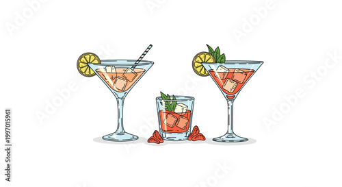 Collection of refreshing cocktails with ice, lemon, and mint garnishes