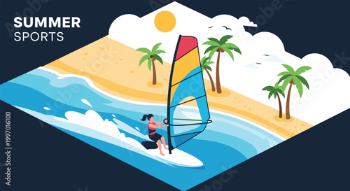 Active woman windsurfing on blue waves near a tropical beach with palm trees and a bright sun in summer.