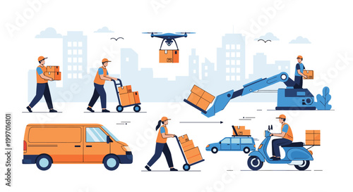 Modern logistics and package delivery solutions include couriers, vans, drones, robotic arms, and scooters in a city environment.