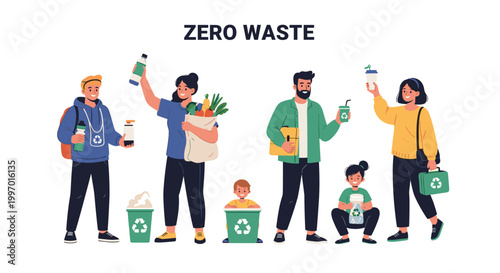 Group of environmentally conscious people showcasing various zero-waste lifestyle habits like recycling and using reusable items.