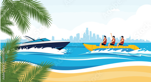 Friends enjoying a fun banana boat ride on the blue sea with a modern speedboat towing them near a city coastline.