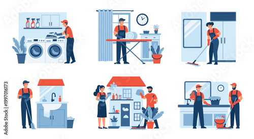 Professional cleaners performing various household tasks like ironing, mopping, washing, and dusting in different rooms of a house.