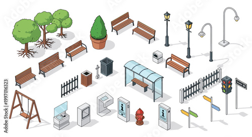 Set of isometric urban park furniture icons including benches, trees, street lamps, bus stop, and trash bins.