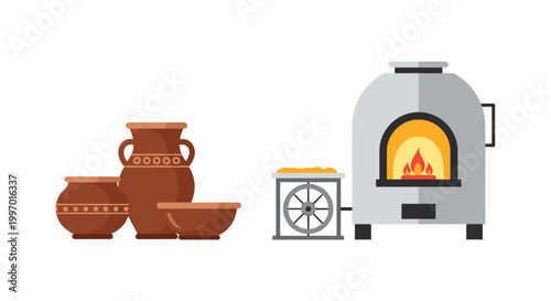 Ceramic pottery and kiln with glowing fire, representing traditional craft production