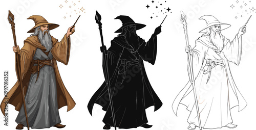 Illustrations of Wise Wizard with Wand, Magic Sparks, and Different Art Styles for Fantasy and Magical Designs