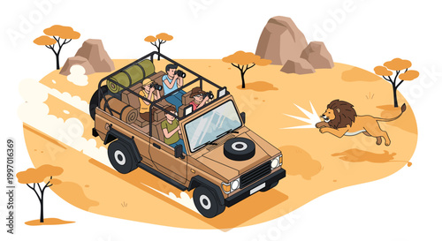 Tourists on a safari adventure in an open jeep observing and photographing a lion running across the African savanna.
