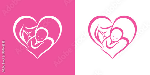 Logotipo con dibujo minimalista con líneas de una madre abrazando a su hijo en un corazón, para tarjetas y felicitaciones del Día de la Madre 