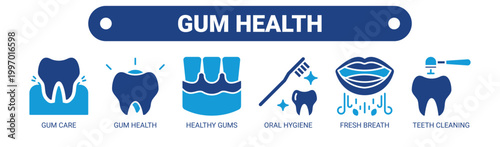 Gum Health web banner icon vector illustration concept with icons of gum care, gum health, healthy gums, oral hygiene, fresh breath, and teeth cleaning. 