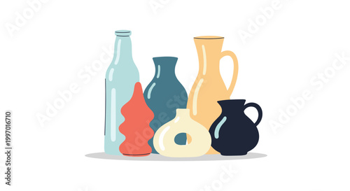 Collection of diverse ceramic and glass vases in a minimalist flat design style