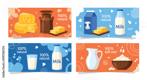 Variety of natural dairy products including milk, cheese, butter, and curd displayed on colorful banners for promotion.