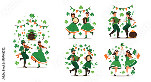 St. Patrick's Day celebration with Irish dancers and musicians playing traditional instruments