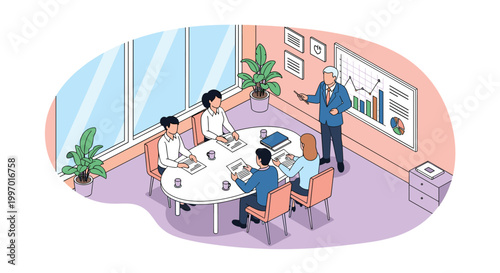 Professional team discussing financial reports and business strategies during a meeting in a modern conference room.