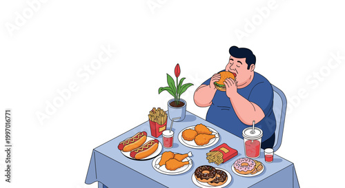 Overweight man sitting at a table and eating a variety of unhealthy fast food items like burgers and donuts.