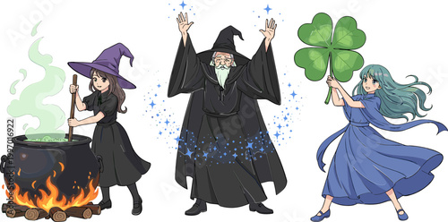 Illustrations of Wizards, Witches, and Magical Creatures Casting Spells with Cauldron and Clover for Fantasy Designs